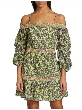 Alice + Olivia Neon Lime Floral Off-Shoulder Smocked Mini Dress - Size 6